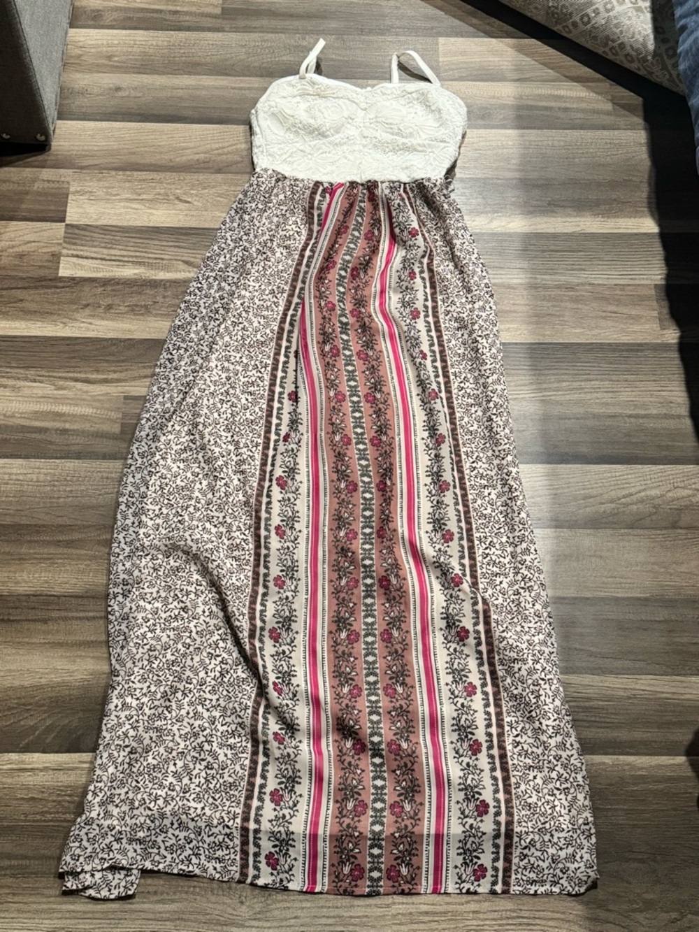 Lily Rose Cream Lace Bodice Maxi Dress with Pink and Brown Floral Stripes